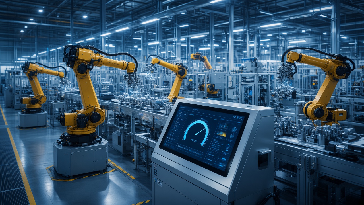 Factory floor with industrial robots