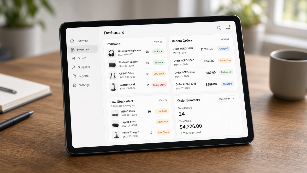 Tablet showing inventory and order cards
